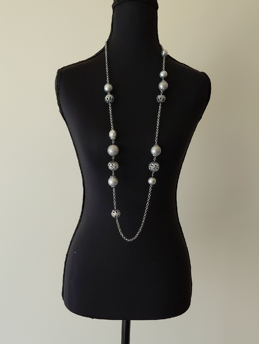 Silver Beaded Long Station Necklace - Elegant Women's Jewelry